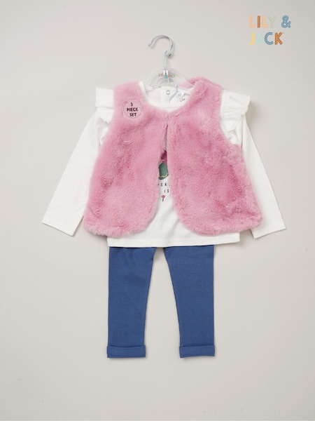 Albastru - Set de ținute Lily & Jack cu vestă din blană artificială, bluză 100% bumbac și colanți (AD8953) | 209 LEI