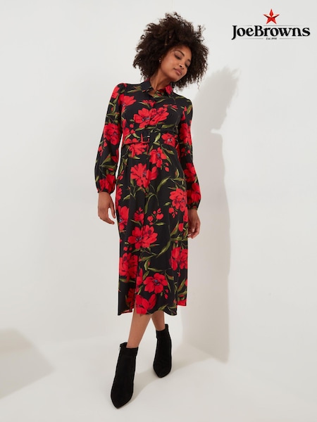 Joe Browns Red Rose Print Button-Through Belted Midi Shirt Dress (AD8978) | €38