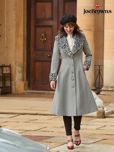 Joe Browns Animal Print Faux Fur Trim Long Coat (AD8992) | 522 LEI