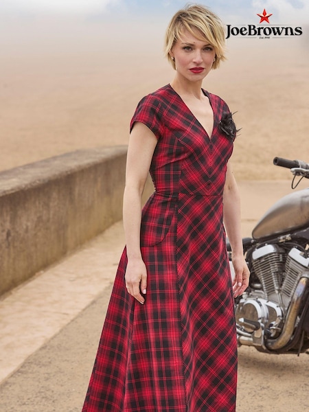 Joe Browns 100% Cotton Lace-Up Tartan Check High-Low Maxi Dress with Corsage (AD9013) | €46
