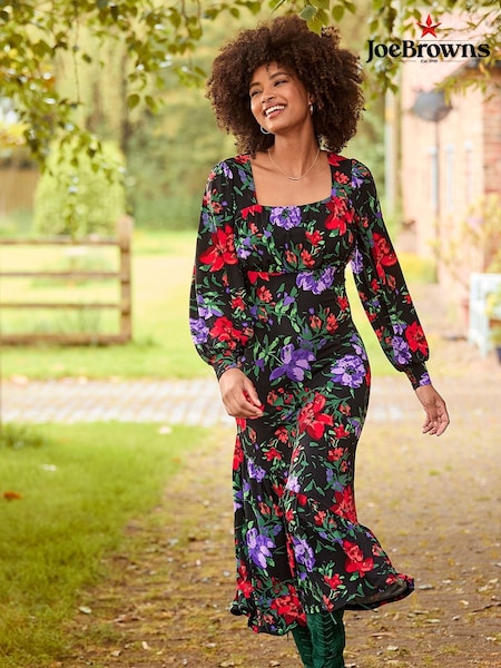 Joe Browns Red Balloon Sleeve Gathered Floral Midi Jersey Dress (AD9017) | €49