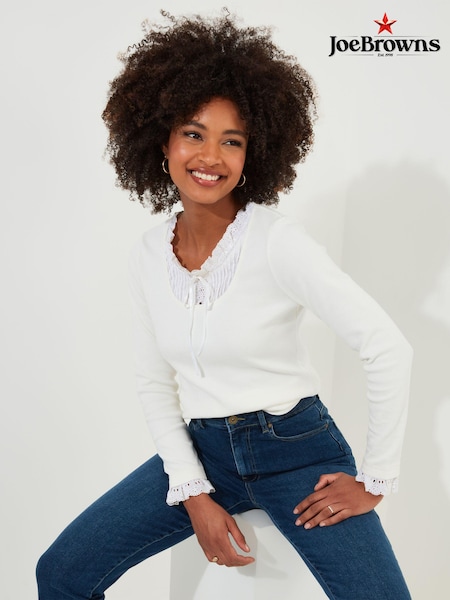 Joe Browns Cream Lace Trim Ribbon Tie Long Sleeve Ribbed Jersey Top (AD9043) | €25