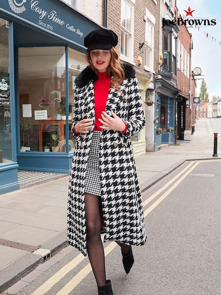 Joe Browns Black Detachable Faux Fur Collar Dogtooth Check Maxi Coat (AD9044) | €83