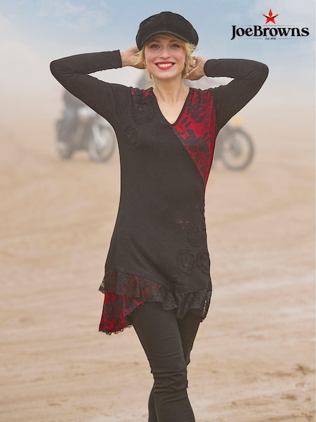 Joe Browns Black Printed Lace Hem Floral Print Appliqué Jersey Tunic Top (AD9150) | €42