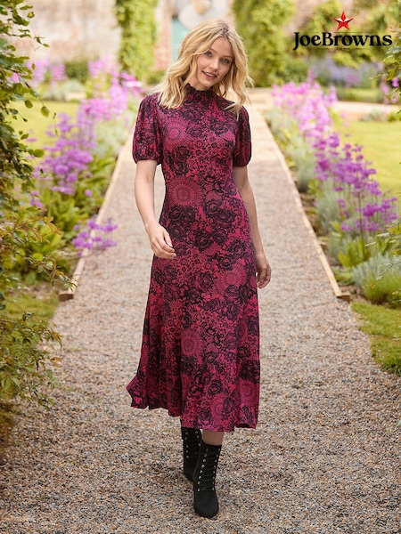 Joe Browns Pink Vintage Lace Print Puff Sleeve High Neck Jersey Midi Dress (AD9182) | €46