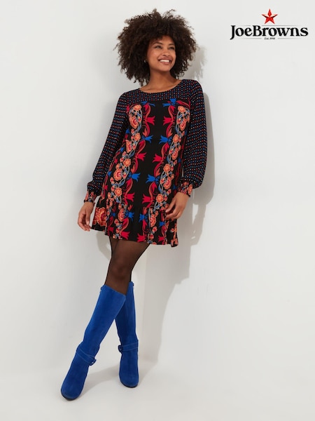 Joe Browns Black Contrast Print Long Sleeve Crinkle Mini Tunic Dress (AD9190) | AED160