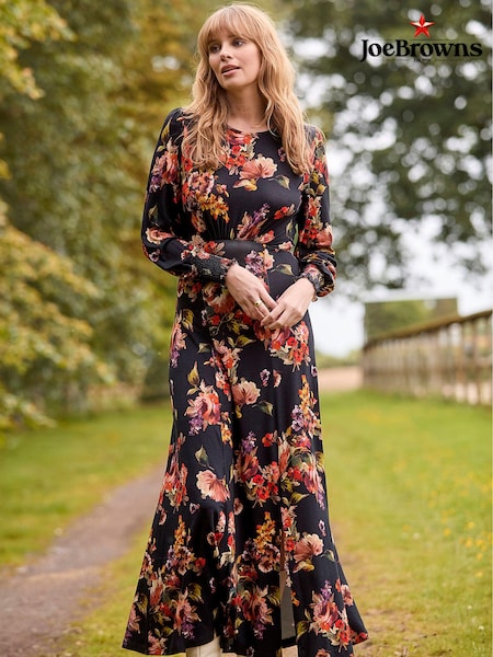 Negru/roşu - Joe Browns Floral Imprimeu Cravată Spate Split Hem Jersey Rochie lungă (AD9225) | 271 LEI