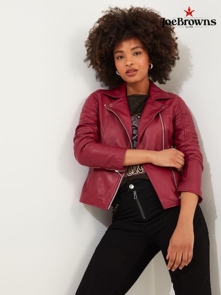Joe Browns Raspberry Asymmetric Zip Stitch Detail Leather Biker Jacket (AD9235) | ‏1,132‏₪