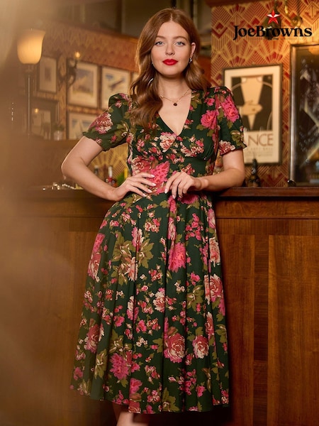 Joe Browns Green Vintage Floral V-Neck Puff Sleeve Midi 100% Cotton Dress (AD9240) | ₪302