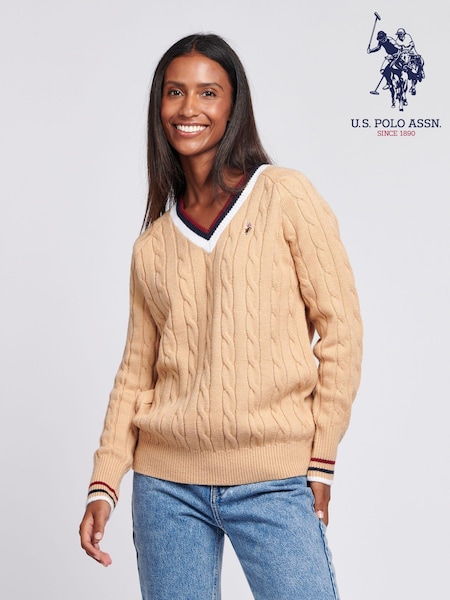 U.S. Polo Assn. Womens Natural Cable Knit Cricket Jumper (AD9291) | €53