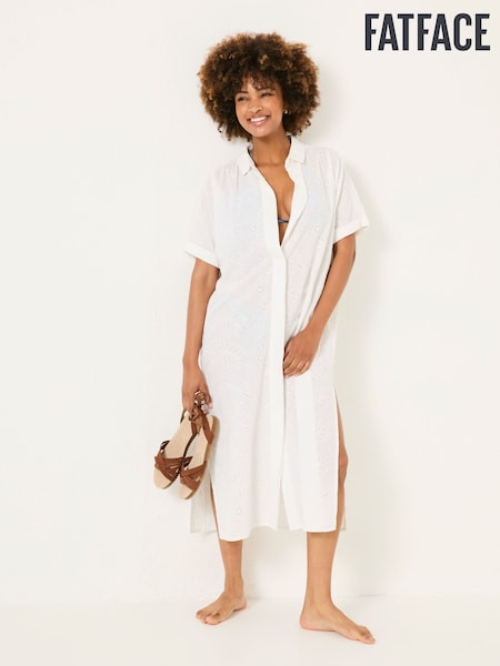 FatFace Ivory 100% Cotton Beachwear Broderie Shirt Dress (AD9356) | R$ 585