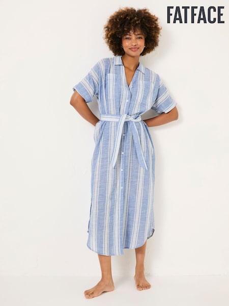 FatFace Blue Beachwear 100% Cotton Stripe Maxi Shirt Dress (AD9357) | kr742