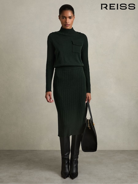 Reiss Khaki Floris Wool-Blend Knitted Utility Midi Dress With Cashmere (AD9411) | €213