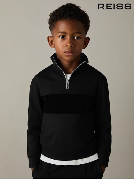 Reiss Black Selin 3-9 yrs Slim Fit Half-Zip Funnel Neck Velour Sweatshirt (AD9424) | €58