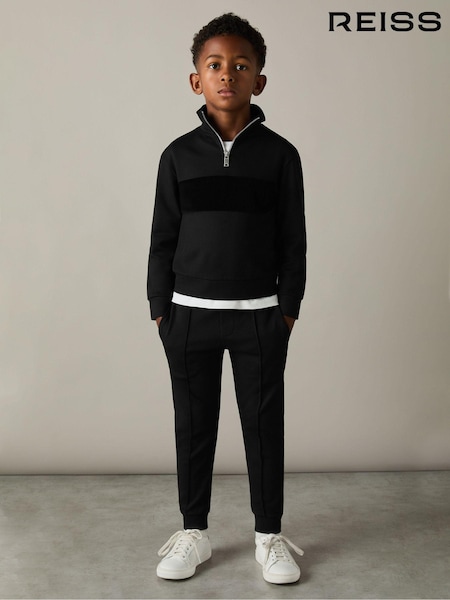 Reiss Black Selin 9-13 yrs Slim Fit Half-Zip Funnel Neck Velour Sweatshirt (AD9431) | €55