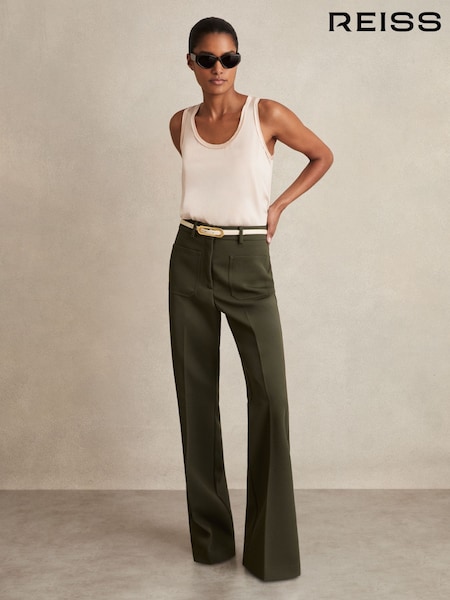 أخضر - Reiss Priya Twill High Rise Flared Trousers (AD9439) | ‏1,080 د.إ.‏