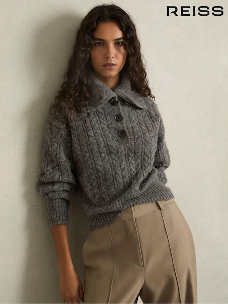 Reiss Charcoal Etta Cropped Cable-Knit Jumper With Mohair (AD9440) | €215