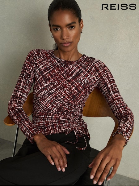 Reiss Red Riyo Abstract-Print Ruched-Jersey Top (AD9441) | €134