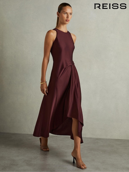Бордовый - Reiss Micah Satin Drape Tuck Midi Dress (AD9450) | €241