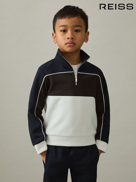 Reiss Chocolate Brown/Navy/Off White Katoon 3-9 yrs Colour-Block Half-Zip Sweatshirt (AD9460) | $80