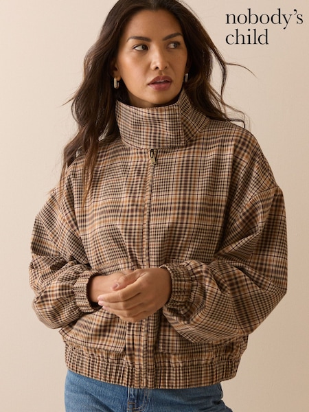 Brown - Nobodys Child Funnel Neck Checked Casual Jacket