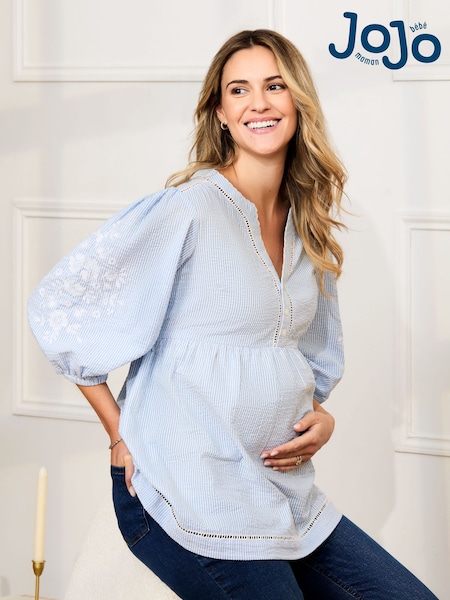 JoJo Maman Bébé Blue Maternity Stripe Embroidered 100% Cotton Blouse (AD9949) | kr543