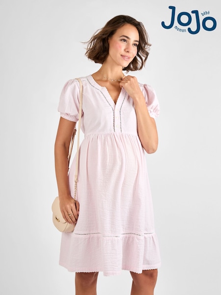 JoJo Maman Bébé Pink Stripe Embroidered Maternity Dress (AD9950) | kr707
