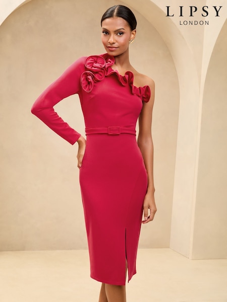 Lipsy Ruffle Neck One Shoulder Belted Bodycon Midi Dress (AE0186) | 106 €