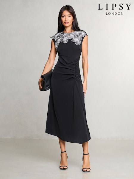 Lipsy Black Sleeveless Floral Print Artwork Asymmetrical Midi Dress (AE0191) | €58