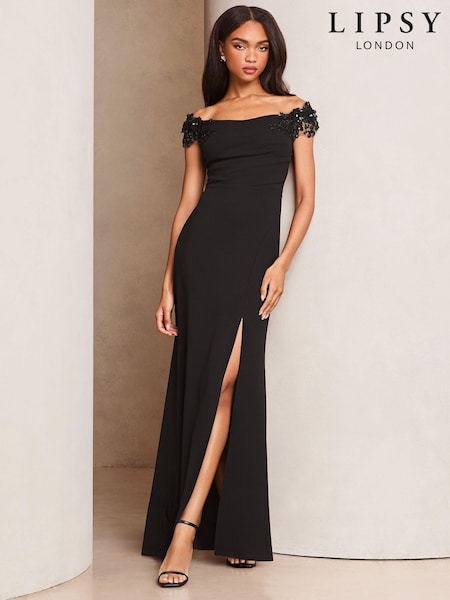 Lipsy Embelished 3D Floral Trim Bardot Maxi Dress (AE0192) | €122