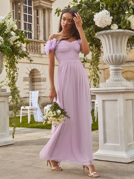 Lipsy Lilac Purple Petite 3D Floral Trim Bardot Bridesmaid Maxi Dress (AE0195) | 26,300 ISK