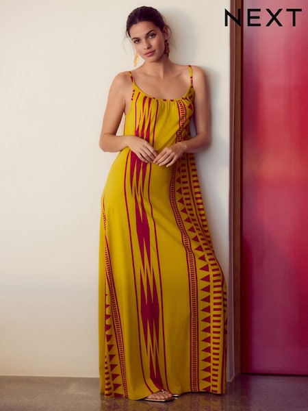 Gelb/Rosa, Muster - Trapezförmiges Maxikleid mit gerafftem Ausschnitt und dünnen Trägern (AE0365) | 33 €