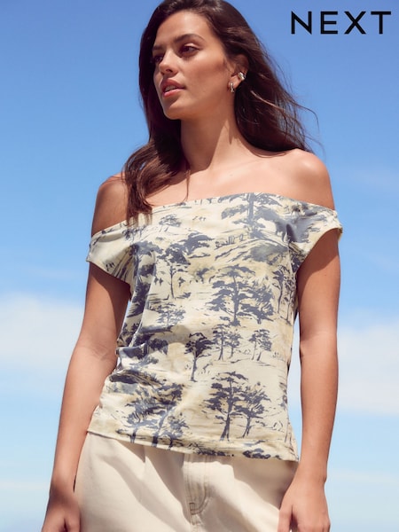 Ecru/ Blue Scenic Print Open Neck Vest (AE0368) | €15