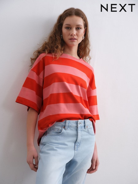 Rouge/Rose - Oversized Relaxed Fit 100% Cotton Boxy Heavyweight Crew Neck T-shirt (AE0390) | €19