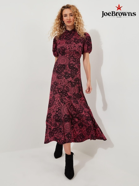 Joe Browns Pink Petite Vintage Lace Print Puff Sleeve High Neck Jersey Midi Dress (AE0443) | €46