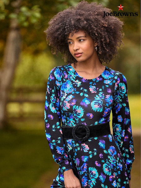 Joe Browns Blue Petite Floral Midi Jersey Dress with Elasticated Cuffs (AE0452) | €50