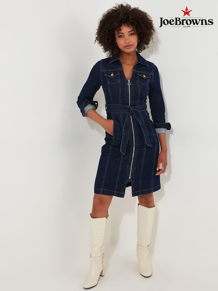 Joe Browns Blue Petite Vintage Zip Front Tie Waist Stretch Denim Dress (AE0455) | €41.50