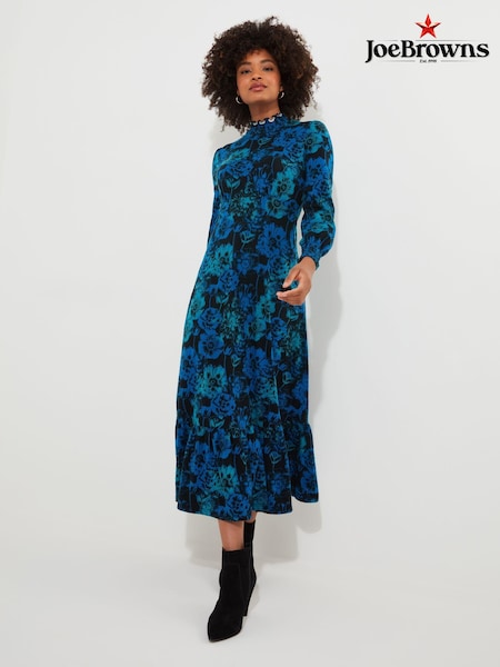 Joe Browns Blue Petite High-Neck Vintage Frill Floral Jersey Midi Dress (AE0464) | €38