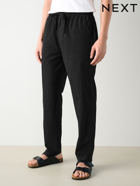 Black Regular Tapered Fit Linen Cotton Elasticated Waist Drawstring Trousers (AE3976) | €40