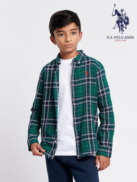 U.S. Polo Assn. Green Boys Brushed Flannel Heavyweight Check 100% Cotton Shirt (AE4189) | €60 - €72