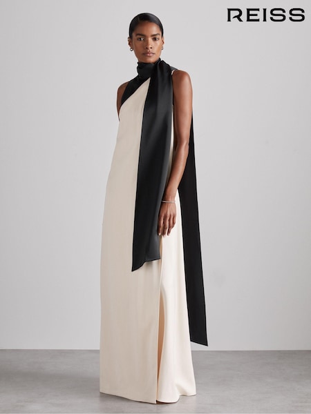 Reiss Black/Ivory Isobel Atelier Sash-Neck Satin Occasion Dress (AE5541) | €845