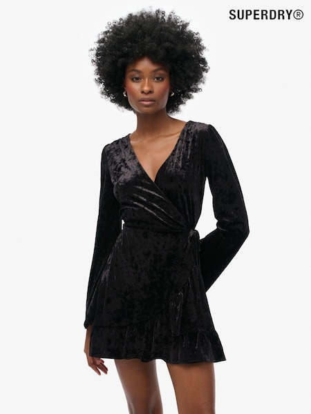 Superdry Black Long Sleeve Velvet Wrap Mini 100% Cotton Dress (AE5550) | €46