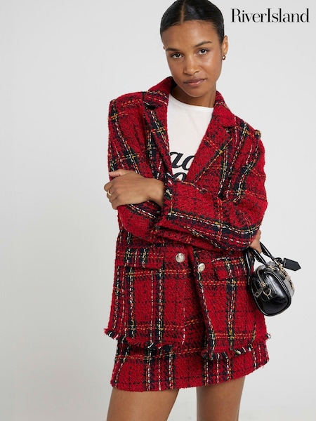 River Island Red Tartan Boucle Tailored Blazer (AE6040) | €50