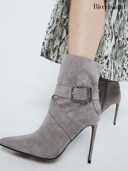 River Island Grey Buckle Heeled Boots (AE6046) | €38