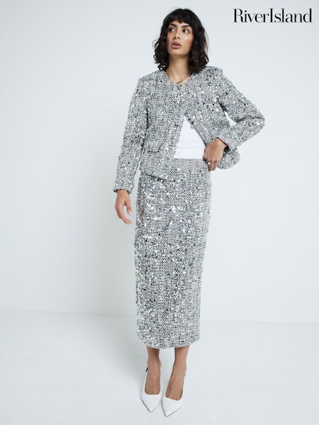 River Island Sparkly Collarless Trophy Jacket (AE6055) | 288 LEI