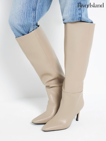 River Island Beige Heeled Knee High Leg Boots (AE6056) | AED192