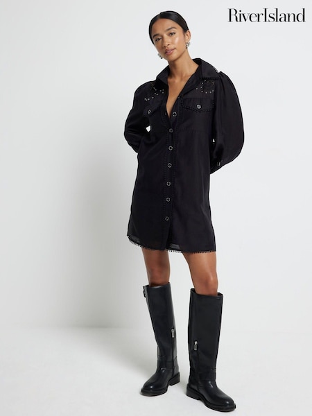 River Island Black Petite Studded Cutwork Shirt Dress (AE6071) | OMR23