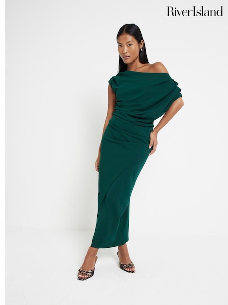 River Island Green Petite Drape Asym Wrap Midi Dress (AE6086) | 114 QAR