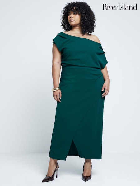 River Island Green Curve Drape Asym Wrap Midi Dress (AE6089) | 111 QAR