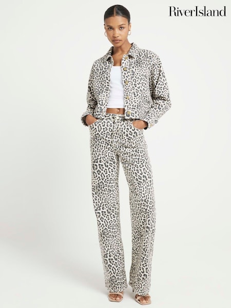 River Island Cropped Denim Leopard Print 100% Cotton Jacket (AE6092) | €29